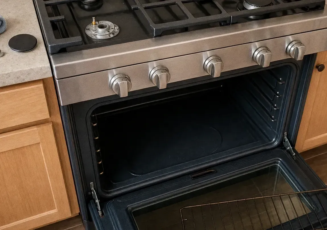 A stainless range with the oven door open and one burner cap lifted off the cooktop