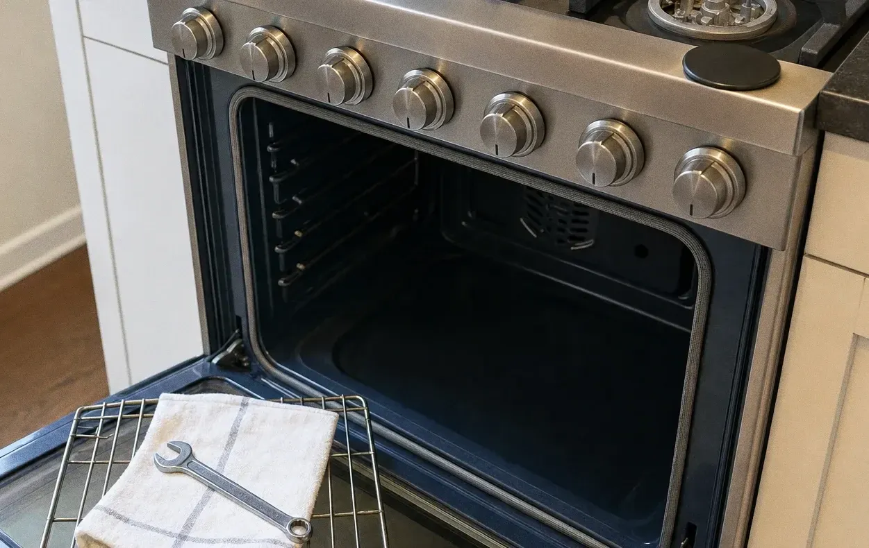 An open oven door with a folded towel and a wrench resting on it